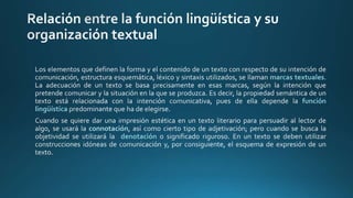 marcas textuales
función
lingüística
connotación
denotación
 