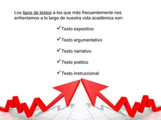Los tipos de textos a los que más frecuentemente nos
enfrentamos a lo largo de nuestra vida académica son:
Texto expositivo
Texto argumentativo
Texto narrativo
Texto poético
Texto instruccional
 