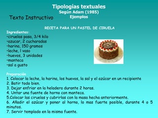 Tipologías textuales
Según Adam (1985)
EjemplosTexto Instructivo
RECETA PARA UN PASTEL DE CIRUELA
Ingredientes:
•ciruelas pasa, 3/4 kilo
•azucar, 2 cucharadas
•harina, 150 gramos
•leche, l vaso
•huevos, 3 unidades
•manteca
•sal a gusto
Preparación
1. Colocar la leche, la harina, los huevos, la sal y el azúcar en un recipiente
2. Batir todo bien.
3. Dejar enfriar en la heladera durante 2 horas.
4. Untar una fuente de horno con manteca.
5.Colocar las ciruelas y cubrirlas con la masa hecha anteriormente.
6. Añadir el azúcar y poner al horno, lo mas fuerte posible, durante 4 o 5
minutos.
7. Servir templado en la misma fuente.
 