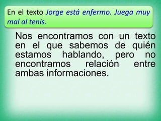 En el texto Jorge está enfermo. Juega muy
mal al tenis.

Nos encontramos con un texto
en el que sabemos de quién
estamos hablando, pero no
encontramos
relación
entre
ambas informaciones.

 