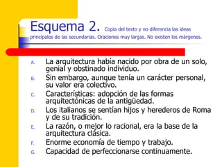 Esquema 2.  Copia del texto y no diferencia las ideas principales de las secundarias. Oraciones muy largas. No existen los márgenes.  La arquitectura había nacido por obra de un solo, genial y obstinado individuo. Sin embargo, aunque tenía un carácter personal, su valor era colectivo. Características: adopción de las formas arquitectónicas de la antigüedad. Los italianos se sentían hijos y herederos de Roma y de su tradición. La razón, o mejor lo racional, era la base de la arquitectura clásica. Enorme economía de tiempo y trabajo. Capacidad de perfeccionarse continuamente.  