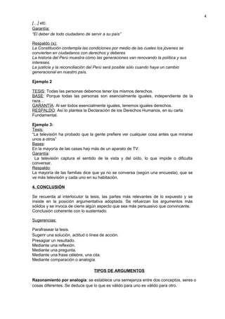 […] etc.
Garantía:
“El deber de todo ciudadano de servir a su país”
Respaldo (s):
La Constitución contempla las condiciones por medio de las cuales los jóvenes se
convierten en ciudadanos con derechos y deberes
La historia del Perú muestra cómo las generaciones van renovando la política y sus
intereses.
La justicia y la reconciliación del Perú será posible sólo cuando haya un cambio
generacional en nuestro país.
Ejemplo 2
TESIS: Todas las personas debemos tener los mismos derechos.
BASE: Porque todas las personas son esencialmente iguales, independiente de la
raza…
GARANTÍA: Al ser todos esencialmente iguales, tenemos iguales derechos.
RESPALDO: Así lo plantea la Declaración de los Derechos Humanos, en su carta
Fundamental.
Ejemplo 3:
Tesis:
“La televisión ha probado que la gente prefiere ver cualquier cosa antes que mirarse
unos a otros”
Bases:
En la mayoría de las casas hay más de un aparato de TV.
Garantía:
La televisión captura el sentido de la vista y del oído, lo que impide o dificulta
conversar.
Respaldo:
La mayoría de las familias dice que ya no se conversa (según una encuesta), que se
ve más televisión y cada uno en su habitación.
4. CONCLUSIÓN
Se recuerda al interlocutor la tesis, las partes más relevantes de lo expuesto y se
insiste en la posición argumentativa adoptada. Se refuerzan los argumentos más
sólidos y se invoca de cierre algún aspecto que sea más persuasivo que convincente.
Conclusión coherente con lo sustentado.
Sugerencias:
Parafrasear la tesis.
Sugerir una solución, actitud o línea de acción.
Presagiar un resultado.
Mediante una reflexión.
Mediante una pregunta.
Mediante una frase célebre, una cita.
Mediante comparación o analogía.
TIPOS DE ARGUMENTOS
Razonamiento por analogía: se establece una semejanza entre dos conceptos, seres o
cosas diferentes. Se deduce que lo que es válido para uno es válido para otro.
4
 