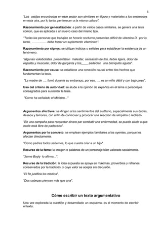 "Las vasijas encontradas en este sector son similares en figura y materiales a los empleados
en esta otra, por lo tanto, pertenecen a la misma cultura".
Razonamiento por generalización: a partir de varios casos similares, se genera una tesis
común, que es aplicada a un nuevo caso del mismo tipo.
"Todas las personas que trabajan en horario nocturno presentan déficit de vitamina D. por lo
tanto, …………… debe tomar un suplemento vitamínico".
Razonamiento por signos: se utilizan indicios o señales para establecer la existencia de un
fenómeno.
"algunas voleibolistas presentaban malestar, sensación de frío, fiebre ligera, dolor de
espalda y muscular, dolor de garganta y tos____ padecían una bronquitis aguda".
Razonamiento por causa: se establece una conexión causal entre dos hechos que
fundamentan la tesis.
"La madre de …. fumó durante su embarazo, por eso, …. es un niño débil y con bajo peso".
Uso del criterio de autoridad: se alude a la opinión de expertos en el tema o personajes
consagrados para sustentar la tesis.
"Como ha señalado el Ministro..."
Argumentos afectivos: se dirigen a los sentimientos del auditorio, especialmente sus dudas,
deseos y temores, con el fin de conmover y provocar una reacción de simpatía o rechazo.
"En una campaña para recolectar dinero par combatir una enfermedad, se puede aludir a que
nadie está libre de padecerla".
Argumentos por lo concreto: se emplean ejemplos familiares a los oyentes, porque les
afectan directamente.
"Como padres todos sabemos, lo que cuesta criar a un hijo".
Recurso de la fama: la imagen o palabras de un personaje bien valorado socialmente.
"Jaime Bayly lo afirma...".
Recurso de la tradición: la idea expuesta se apoya en máximas, proverbios y refranes
conservados por la tradición, y cuyo valor se acepta sin discusión.
"El fin justifica los medios".
"Dos cabezas piensan más que una".
Cómo escribir un texto argumentativo
Una vez explorada la cuestión y desarrollado un esquema, es el momento de escribir
el texto.
5
 