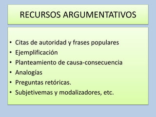 RECURSOS ARGUMENTATIVOS
• Citas de autoridad y frases populares
• Ejemplificación
• Planteamiento de causa-consecuencia
• Analogías
• Preguntas retóricas.
• Subjetivemas y modalizadores, etc.