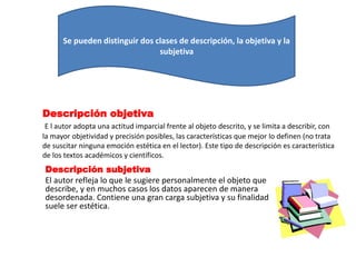 Se pueden distinguir dos clases de descripción, la objetiva y la 
subjetiva 
Descripción objetiva 
E l autor adopta una actitud imparcial frente al objeto descrito, y se limita a describir, con 
la mayor objetividad y precisión posibles, las características que mejor lo definen (no trata 
de suscitar ninguna emoción estética en el lector). Este tipo de descripción es característica 
de los textos académicos y científicos. 
Descripción subjetiva 
El autor refleja lo que le sugiere personalmente el objeto que 
describe, y en muchos casos los datos aparecen de manera 
desordenada. Contiene una gran carga subjetiva y su finalidad 
suele ser estética. 
 