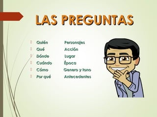 LAS PREGUNTASLAS PREGUNTAS
 QuiénQuién PersonajesPersonajes
 QuéQué AcciónAcción
 DóndeDónde LugarLugar
 CuándoCuándo ÉpocaÉpoca
 CómoCómo Genero y tonoGenero y tono
 PorPor quéqué AntecedentesAntecedentes
 