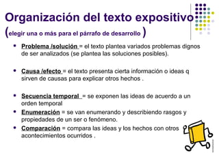 Organización del texto expositivo
(Elegir una o más estrategias para el párrafo de desarrollo )
 Problema /solución = el texto plantea variados problemas dignos
de ser analizados (se plantea las soluciones posibles).
 Causa /efecto = el texto presenta cierta información o ideas q
sirven de causas para explicar otros hechos .
 Secuencia temporal = se exponen las ideas de acuerdo a un
orden temporal
 Enumeración = se van enumerando y describiendo rasgos y
propiedades de un ser o fenómeno.
 Comparación = compara las ideas y los hechos con otros
acontecimientos ocurridos .
 