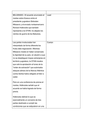 BELGRADO.- El acuerdo anunciado el         Lead
martes sobre Kosovo entre el
presidente yugoslavo Slobodan
Milosevic y el enviado norteamericano
Richard Holbrooke que también
representa a la OTAN, ha alejado los
vientos de guerra de los Balcanes.



Las partes involucradas han                Cuerpo
interpretado de forma diferente los
frutos dela negociación. Mientras
Milosevic insiste en haber conservado
la dignidad de su país, en alusión a que
no se desplieguen tropas extranjeras en
territorio yugoslavo, la OTAN recalca
que solo la aprobación el lunes de la
"orden de activación" que autorizaba
ataques aéreos de la Alianza Atlántica
contra Serbia había obligado al líder a
ceder.

Pero en una conferencia de prensa el
martes, Holbrooke señaló que el
acuerdo se había logrado de forma
previa.

Holbrooke delineó lo que es
esencialmente un convenio de tres
partes destinado a cumplir las
condiciones que se estipularon en una
 