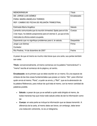MEMORÁNDUM                                                          Título
DE: JORGE LUIS GÓMEZ                                                Encabezado
PARA: MARÍA ANGÉLICA TORRES
REF: CAMBIO DE FECHA DE REUNIÓN TRIMESTRAL

Estimada María Angélica:                                            Saludo
Lamento comunicarte que la reunión trimestral, fijada para el día   Cuerpo
3 de mayo, ha debido posponerse para el viernes 5, ya que el día
miércoles la oficina estará ocupada.
Esperando que no signifique problemas para ti, te saluda,           Despedida
Jorge Luis Gómez                                                    Firma
Contador
Río Piedras, 14 de diciembre de 2007                                Fecha

A pesar de que el memo es mucho más breve que una carta, sus partes también
son siete:

Título: convencionalmente, el memo comienza con la palabra "memorándum" o
"memo" escrita al comienzo de la página y al centro.

Encabezado: es lo primero que se debe escribir en un memo. Es una especie de
síntesis de las tres cosas fundamentales que posee un memo: "De", para informar
quién envía el memo; "Para", a quién se envía, y "Ref.", que es la abreviación de
la palabra Referencia, para indicar de qué trata el memo, con la menor cantidad de
palabras posible.

       Saludo: a pesar de que ya se señaló a quién está dirigido el memo, de
       todas maneras hay que incluir este saludo antes de dar la información como
       tal.
       Cuerpo: en esta parte se incluye la información que se desea transmitir. A
       diferencia de la carta, el memo debe ser breve, sin embargo, debe tener
       una redacción coherente, no es un telegrama.
 