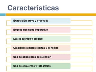 Características
Exposición breve y ordenada
Empleo del modo imperativo
Léxico técnico y preciso
Oraciones simples: cortas y sencillas
Uso de conectores de sucesión
Uso de esquemas y fotografías
 