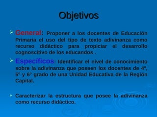 ObjetivosObjetivos
 General: Proponer a los docentes de Educación
Primaria el uso del tipo de texto adivinanza como
recurso didáctico para propiciar el desarrollo
cognoscitivo de los educandos .
 Específicos: Identificar el nivel de conocimiento
sobre la adivinanza que poseen los docentes de 4º,
5º y 6º grado de una Unidad Educativa de la Región
Capital.
 Caracterizar la estructura que posee la adivinanza
como recurso didáctico.
 