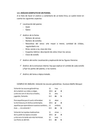 1.4. ANÁLISIS COMPLETO DE UN POEMA.
A la hora de hacer el análisis y comentario de un texto lírico, se suelen tener en
cuenta los siguientes aspectos:
 Localización del poema:
- Autor
- Época
 Análisis de la forma:
- Número de versos
- Número de estrofas
- Naturaleza del verso: arte mayor o menor, cantidad de sílabas,
regularidad o no
- Rima: existe o no, clase de rima
- Esquema métrico: descripción de cómo riman los versos
- Clase de estrofa
 Análisis del estilo: Localización y explicación de las figuras literarias
 Análisis de la estructura interna: hay que explicar el sentido de cada estrofa
y fijar las partes del poema, si las tuviera.
 Análisis del tema o tópico tratado
EJEMPLO DE ANÁLISIS. Volverán las oscuras golondrinas. Gustavo Adolfo Bécquer
Volverán las oscuras golondrinas 11 inas -
de tu balcón sus nidos a colgar, 10+1 ar A
y otra vez con el ala a tus cristales, 11 ales -
jugando, llamarán. 6+1 án b
Peroaquéllasque el vuelo refrenaban 11 aban -
tu hermosuraymi dichaa contemplar, 10+1 ar A
aquéllasque aprendieronnuestrosnombres... 11 ombres -
ésas .... ¡no volverán ! 6+1 án b
Volverán las tupidas madreselvas 11 elvas -
de tu jardín las tapias a escalar 10+1 ar A
y otra veza la tarde aúnmás hermosas 11 osas -
sus flores se abrirán. 6+1 án b
 