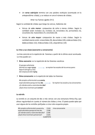  Un verso esdrújulo termina con una palabra esdrújula (acentuada en la
antepenúltima sílaba), y se reduce en uno el número de sílabas.
Amor tus fuerzas rígidas (9-1)
Según la cantidad de sílabas que tenga los versos, hablamos de:
 Versos de arte menor: compuestos de ocho o menos sílabas. Según la
cantidad serán: bisílabos (2), trisílabos (3), tetrasílabos (4), pentasílabos (5),
sexasílabos (6), heptasílabos (7), octosílabos (8).
 Versos de arte mayor: compuestos de nueve o más sílabas. Según la
cantidad exacta serán: eneasílabos (9), decasílabos (10), endecasílabos (11),
dodecasílabos (12), tridecasílabos (13), alejandrinos (14)
La rima y sus clases (asonante y consonante)
La rima consiste en la repetición de fonemas a partir de la última vocal acentuada.
La rima puede ser :
 Rima asonante: es la repetición de los fonemas vocálicos
El paisaje soñoliento
dormía sus vagostonos se repitenlasvocalesde losversospares
bajoel cielo grisy rosa
del crepúsculodel otoño
 Rima consonante: es la repetición de todos los fonemas
Mi corazón enfermode tuausencia,
expirade dolorporque te has ido. Se repitenlasvocalesylasconsonantes
¿En dónde estátu rostrobendecido?
¿Qué sitiosiluminatupresencia?
La estrofa
La estrofa es un conjunto de dos o más versos con una estructura rítmica fija, que
ofrece regularidad en cuanto al número de sílabas y rima. El poeta puede optar por
usar alguna de las estrofas prefijadas o crear otro esquema propio.
Mi corazón enfermode tuausencia, (11A) rima consonante
expirade dolorporque te hasido. (11B)
¿En dónde estátu rostrobendecido? (11B)
¿Qué sitiosiluminatupresencia? (11A)
CUARTETO
 