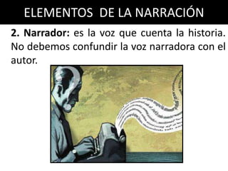 ELEMENTOS DE LA NARRACIÓN
2. Narrador: es la voz que cuenta la historia.
No debemos confundir la voz narradora con el
autor.
 