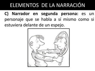 ELEMENTOS DE LA NARRACIÓN
C) Narrador en segunda persona: es un
personaje que se habla a sí mismo como si
estuviera delante de un espejo.
 