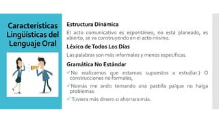 Características
Lingüísticas del
LenguajeOral
Estructura Dinámica
El acto comunicativo es espontáneo, no está planeado, es
abierto, se va construyendo en el acto mismo.
Léxico deTodos Los Días
Las palabras son más informales y menos específicas.
Gramática No Estándar
No realizamos que estamos supuestos a estudiar.) O
construcciones no formales,
Nomás me ando tomando una pastilla pa’que no haiga
problemas.
Tuviera más dinero si ahorrara más.
 