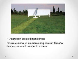 • Alteración de las dimensiones:
Ocurre cuando un elemento adquiere un tamaño
desproporcionado respecto a otros.
 