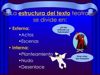 La  estructura del texto  teatral se divide en: Externa: Actos Escenas Interna: Planteamiento Nudo Desenlace ¿Te has enterado ya, Polichinela? ¡Pues claro, don Pantalón! 