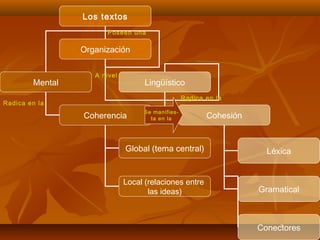 Los textos
Poseen una

Organización

Mental

A nivel

Lingüístico
Radica en la

Radica en la

Coherencia

Se manifiesta en la

Cohesión

Global (tema central)

Léxica

Local (relaciones entre
las ideas)

Gramatical

Conectores

 