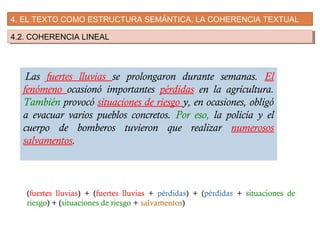 4. EL TEXTO COMO ESTRUCTURA SEMÁNTICA. LA COHERENCIA TEXTUAL
4.2. COHERENCIA LINEAL4.2. COHERENCIA LINEAL
 Las fuertes lluvias se prolongaron durante semanas. El
fenómeno ocasionó importantes pérdidas en la agricultura.
También provocó situaciones de riesgo y, en ocasiones, obligó
a evacuar varios pueblos concretos. Por eso, la policía y el
cuerpo de bomberos tuvieron que realizar numerosos
salvamentos.
(fuertes lluvias) + (fuertes lluvias + pérdidas) + (pérdidas + situaciones de
riesgo) + (situaciones de riesgo + salvamentos)
 