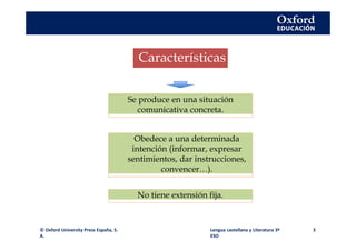 Características
No tiene extensión fija.
Se produce en una situación
comunicativa concreta.
Obedece a una determinada
intención (informar, expresar
sentimientos, dar instrucciones,
convencer…).
© Oxford University Press España, S.
A.
Lengua castellana y Literatura 3º
ESO
3