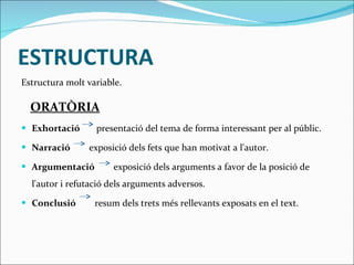 ESTRUCTURA Estructura molt variable. ORATÒRIA Exhortació   presentació del tema de forma interessant per al públic. Narració   exposició dels fets que han motivat a l'autor. Argumentació   exposició dels arguments a favor de la posició de l'autor i refutació dels arguments adversos. Conclusió   resum dels trets més rellevants exposats en el text. 