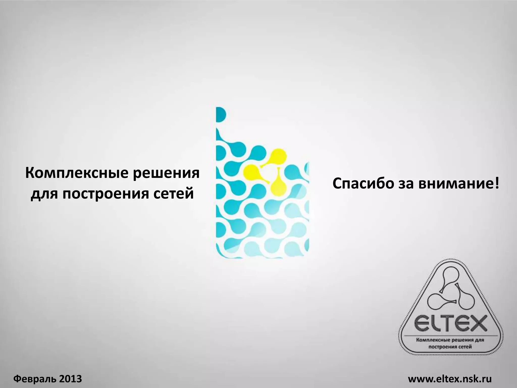 MES1024, MES214 Access switches




  Комплексные решения
                                  Спасибо за внимание!
   для построения сетей




Февраль 2013                               www.eltex.nsk.ru
 