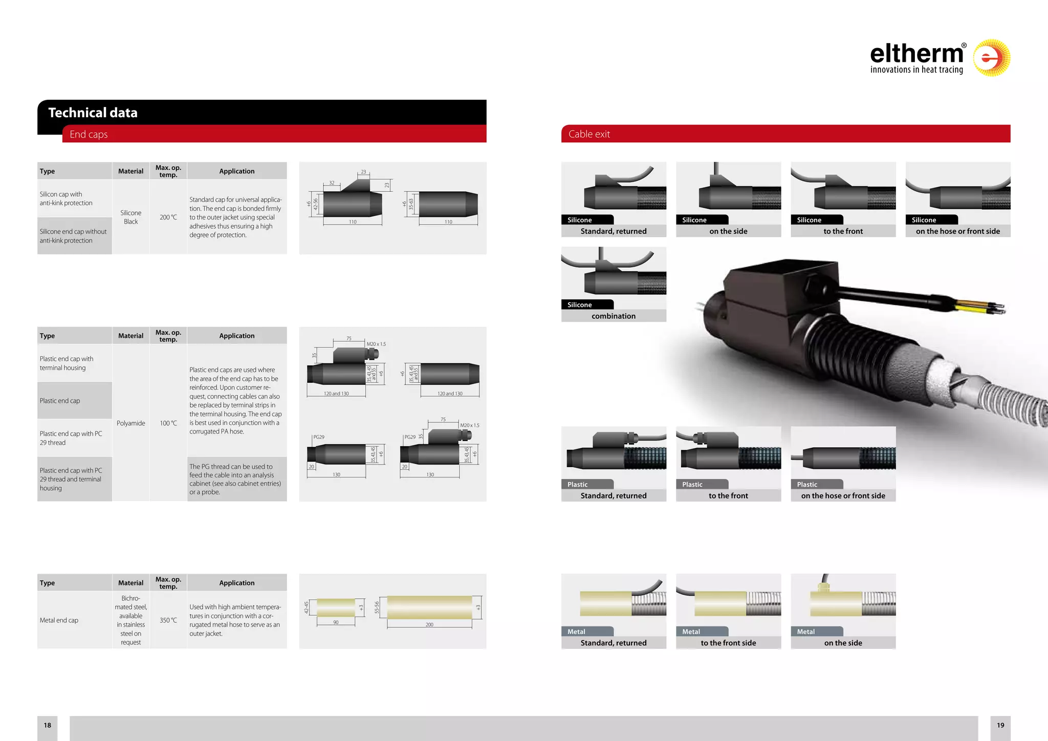 1918
Type Material
Max. op.
temp.
Application
Silicon cap with
anti-kink protection
Silicone
Black
200 °C
Standard cap for universal applica-
tion. The end cap is bonded firmly
to the outer jacket using special
adhesives thus ensuring a high
degree of protection.Silicone end cap without
anti-kink protection
Type Material
Max. op.
temp.
Application
Plastic end cap with
terminal housing
Polyamide 100 °C
Plastic end caps are used where
the area of the end cap has to be
reinforced. Upon customer re-
quest, connecting cables can also
be replaced by terminal strips in
the terminal housing. The end cap
is best used in conjunction with a
corrugated PA hose.
Plastic end cap
Plastic end cap with PC
29 thread
Plastic end cap with PC
29 thread and terminal
housing
The PG thread can be used to
feed the cable into an analysis
cabinet (see also cabinet entries)
or a probe.
Type Material
Max. op.
temp.
Application
Metal end cap
Bichro-
mated steel,
available
in stainless
steel on
request
350 °C
Used with high ambient tempera-
tures in conjunction with a cor-
rugated metal hose to serve as an
outer jacket.
Technical data
End caps Cable exit
Standard, returned
Standard, returned
to the front
to the front side
on the hose or front side
on the side
Plastic
Metal
Plastic
Metal
Plastic
Metal
on the side to the front on the hose or front sideStandard, returned
combination
Silicone Silicone SiliconeSilicone
Silicone
110
120 and 130120 and 130
130
110
23
75
20 20
75
M20 x 1.5
M20 x 1.5
PG29 PG29
23
+6
+6+6
35,43,45
and5535,43,45
35,43,45
42-56
35-63
+6+6
+6
35,43,45
and55
130
42-45
55-56
+3
+3
32
35
35
90 200
 