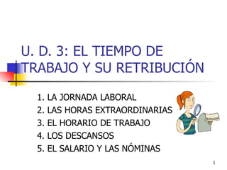 U. D. 3: EL TIEMPO DE TRABAJO Y SU RETRIBUCIÓN 1. LA JORNADA LABORAL 2. LAS HORAS EXTRAORDINARIAS 3. EL HORARIO DE TRABAJO 4. LOS DESCANSOS 5. EL SALARIO Y LAS NÓMINAS 
