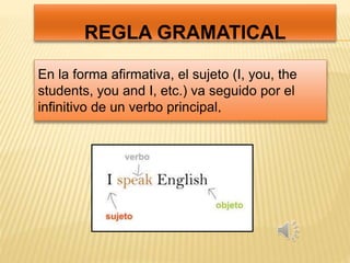 REGLA GRAMATICAL 
En la forma afirmativa, el sujeto (I, you, the 
students, you and I, etc.) va seguido por el 
infinitivo de un verbo principal. 
 