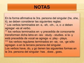 NOTAS 
En la forma afirmativa la 3ra. persona del singular (he, she, 
it), se deben considerar las siguientes reglas: 
* Los verbos terminados en -s, -sh, -ch-, -x, o -z deben 
agregar -es al verbo. 
** los verbos terminados en -y precedida de consonante 
transforman dicha letra en -ies : study - studies. si la -y 
está precedida de vocal se agrega -s: play - plays. 
*** los verbos regulares terminados en -se, -ce, -ge sólo 
agregan -s en la tercera persona del singular. 
Los verbos have, do, y go tienen las siguientes formas en 
la 3ra. persona del singular: has , does , goes. 
 
