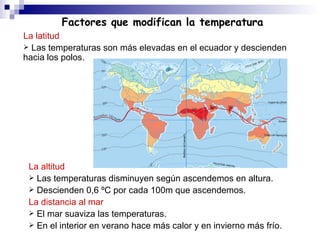 Factores que modifican la temperatura <ul><ul><li>La latitud </li></ul></ul><ul><ul><li>Las temperaturas son   más elevada...