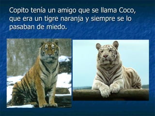 Copito tenía un amigo que se llama Coco, que era un tigre naranja y siempre se lo pasaban de miedo. 