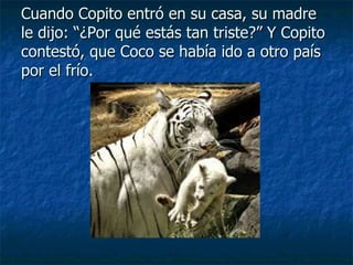 Cuando Copito entró en su casa, su madre le dijo: “¿Por qué estás tan triste?” Y Copito contestó, que Coco se había ido a otro país por el frío. 