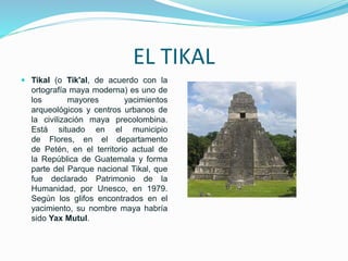EL TIKAL
 Tikal (o Tik'al, de acuerdo con la
ortografía maya moderna) es uno de
los mayores yacimientos
arqueológicos y centros urbanos de
la civilización maya precolombina.
Está situado en el municipio
de Flores, en el departamento
de Petén, en el territorio actual de
la República de Guatemala y forma
parte del Parque nacional Tikal, que
fue declarado Patrimonio de la
Humanidad, por Unesco, en 1979.
Según los glifos encontrados en el
yacimiento, su nombre maya habría
sido Yax Mutul.
 