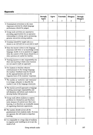 Appendix
                                                      Strongly   Agree   Uncertain   Disagree   Strongly
                                                       Agree                                    Disagree
                                                          5        4        3           2           1
 1 Grammatical correctness is the most
   important criterion by which language
   performance should be judged.

 2 Group work activities are essential in
   providing opportunities for co-operative
   relationships to emerge and in promoting




                                                                                                            Downloaded from eltj.oxfordjournals.org at Universiti Teknologi Malaysia on February 3, 2011
   genuine interaction among students.

 3 Grammar should be taught only as a
   means to an end and not as an end in itself.

 4 Since the learner comes to the language
   classroom with little or no knowledge of the
   language, he/she is in no position to suggest
   what the content of the lesson should be or
   what activities are useful for him/her.

 5 Training learners to take responsibility for
   their own learning is futile since learners
   are not used to such an approach.

 6 For students to become effective
   communicators in the foreign language,
   the teachers' feedback must be focused
   on the appropriateness and not the
   linguistic form of the students' responses.

 7 The teacher as 'authority' and 'instructor'
   is no longer adequate to describe the
   teacher's role in the language classroom.

 8 The learner-centred approach to language
   teaching encourages responsibility and
   self-discipline and allows each student to
   develop his/her full potential.

 9 Group work allows students to explore
   problems for themselves and thus have
   some measure of control over their own
   learning. It is therefore an invaluable means
   of organizing classroom experiences

10 The teacher should correct all the
   grammatical errors students make. If errors
   are ignored, this will result in imperfect
   learning.

11 It is impossible in a large class of students
   to organize your teaching so as to suit the
   needs of all.

                              Using attitude scales                                                   197
 