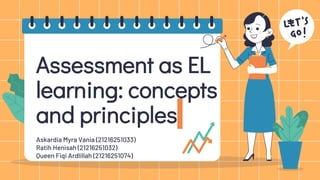 Assessment as EL
learning: concepts
and principles
Askardia Myra Vania (21216251033)
Ratih Henisah (21216251032)
Queen Fiqi Ardlillah (21216251074)
 