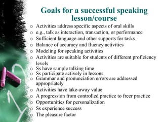 Goals for a successful speaking
               lesson/course
o   Activities address specific aspects of oral skills
o   e.g., talk as interaction, transaction, or performance
o   Sufficient language and other supports for tasks
o   Balance of accuracy and fluency activities
o   Modeling for speaking activities
o   Activities are suitable for students of different proficiency
    levels
o   Ss have sample talking time
o   Ss participate actively in lessons
o   Grammar and pronunciation errors are addressed
    appropriately
o   Activities have take-away value
o   A progression from controlled practice to freer practice
o   Opportunities for personalization
o   Ss experience success
o   The pleasure factor
 