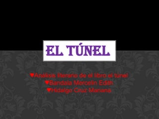 el túnel
♥Análisis literario de el libro el túnel
    ♥Bandala Mercelin Edith
     ♥Hidalgo Cruz Mariana
 