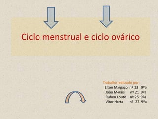 Ciclo menstrual e ciclo ovárico



                     Trabalho realizado por:
                      Elton Margaço nº 13 9ºa
                       João Morais nº 21 9ºa
                       Ruben Couto nº 25 9ºa
                       Vítor Horta    nº 27 9ºa
 