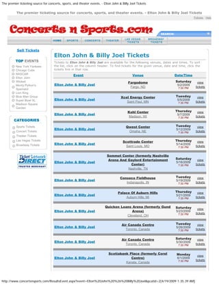 The premier ticketing source for concerts, sports, and theater events. - Elton John & Billy Joel Tickets

          The premier ticketing source for concerts, sports, and theater events. - Elton John & Billy Joel Tickets
                                                                                                                                   Policies : Help




                                                                                                             SEARCH:




          Sell Tickets
                                     Elton John & Billy Joel Tickets
                                     Tickets to Elton John & Billy Joel are available for the following venues, dates and times. To sort
          New York Yankees           the list, click on the column header. To find tickets for the given venue, date and time, click the
          Chicago Cubs               tickets link in that row.
          NASCAR                                   Event                                      Venue                    Date/Time
          Elton John
          Wicked                                                                           Fargodome                   Saturday        view
          Monty Python's             Elton John & Billy Joel                                                            5/2/2009
                                                                                            Fargo, ND                    7:30 PM     tickets
          Spamalot
          Lion King
          Blue Man Group                                                             Xcel Energy Center                Tuesday         view
          Super Bowl XL              Elton John & Billy Joel                                                            5/5/2009
                                                                                        Saint Paul, MN                   7:30 PM     tickets
          Madison Square
          Garden
                                                                                          Kohl Center                  Thursday        view
                                     Elton John & Billy Joel                                                            5/7/2009
                                                                                           Madison, WI                   7:30 PM     tickets


          Sports Tickets                                                                 Qwest Center                  Tuesday         view
                                     Elton John & Billy Joel                                                           5/12/2009
          Concert Tickets                                                                 Omaha, NE                      7:30 PM     tickets
          Theater Tickets
          Las Vegas Tickets                                                            Scottrade Center                Thursday        view
          Broadway Tickets           Elton John & Billy Joel                                                           5/14/2009
                                                                                         Saint Louis, MO                 7:30 PM     tickets


                                                                           Sommet Center (formerly Nashville
                                                                            Arena And Gaylord Entertainment            Saturday        view
                                     Elton John & Billy Joel                                                           5/16/2009
                                                                                       Center)                           7:30 PM     tickets
                                                                                      Nashville, TN

                                                                                     Conseco Fieldhouse                Tuesday         view
                                     Elton John & Billy Joel                                                           5/19/2009
                                                                                        Indianapolis, IN                 7:30 PM     tickets


                                                                                   Palace Of Auburn Hills              Thursday        view
                                     Elton John & Billy Joel                                                           5/21/2009
                                                                                       Auburn Hills, MI                  7:30 PM     tickets


                                                                          Quicken Loans Arena (formerly Gund           Saturday        view
                                     Elton John & Billy Joel                            Arena)                         5/23/2009
                                                                                                                         7:30 PM     tickets
                                                                                     Cleveland, OH

                                                                                      Air Canada Centre                Tuesday         view
                                     Elton John & Billy Joel                                                           5/26/2009
                                                                                        Toronto, Canada                  7:30 PM     tickets


                                                                                      Air Canada Centre                Saturday        view
                                     Elton John & Billy Joel                                                           5/30/2009
                                                                                        Toronto, Canada                  7:30 PM     tickets


                                                                            Scotiabank Place (formerly Corel            Monday         view
                                     Elton John & Billy Joel                            Centre)                         6/1/2009
                                                                                                                         7:30 PM     tickets
                                                                                     Kanata, Canada




http://www.concertsnsports.com/ResultsEvent.aspx?event=Elton%20John%20%26%20Billy%20Joel&pcatid=2[4/19/2009 1:35:39 AM]
 