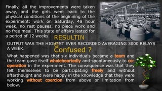 Finally, all the improvements were taken
away, and the girls went back to the
physical conditions of the beginning of the
experiment: work on Saturday, 48 hour
week, no rest pauses, no piece work and
no free meal. This state of affairs lasted for
a period of 12 weeks.
OUTPUT WAS THE HIGHEST EVER RECORDED AVERAGING 3000 RELAYS
A WEEK.
What happened was that six individuals became a and
the team gave itself and spontaneously to
in the experiment. The consequence was that they
felt themselves to be participating and without
afterthought and were happy in the knowledge that they were
working from above or limitation from
below..
 