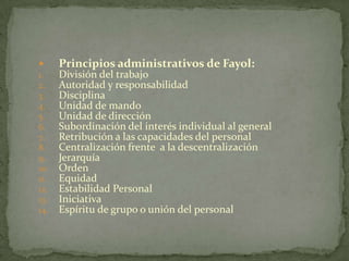 Principios administrativos de Fayol:División del trabajoAutoridad y responsabilidadDisciplinaUnidad de mandoUnidad de direcciónSubordinación del interés individual al generalRetribución a las capacidades del personalCentralización frente  a la descentralizaciónJerarquíaOrdenEquidadEstabilidad PersonalIniciativaEspíritu de grupo o unión del personal
