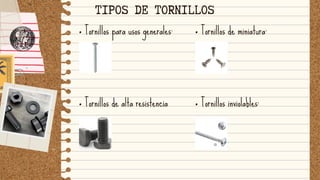 • Tornillos para usos generales:
TIPOS DE TORNILLOS
• Tornillos de miniatura:
• Tornillos de alta resistencia • Tornillos ...