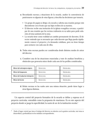 El trabajo del director: la tarea, los compañeros, el proyecto y la norma 39
a. Recordando escenas y situaciones de la escuela, analice la conveniencia de
posicionarse en algunas de estas figuras y describa las decisiones que tomaría.
• Un grupo de papás se dirige a la escuela y solicita una reunión porque está
disconforme con el trato que sus hijos reciben de su maestra.
• El director recibe una invitación de la iglesia evangélica cercana, a partici-
par de una reunión que los vecinos realizarán en su salón para pedir solu-
ción al tema sanitario de la zona.
• La escuela tiene como realidad un cambio permanente de docentes. El di-
rector entiende que es necesario que cada docente que llega pueda rápida-
mente conocer el proyecto y la demanda cotidiana, pero no tiene tiempo
para sentarse con cada uno de ellos.
b. Todas estas escenas pueden ser consideradas desde distintos modos de mirar
del director.
c. Considere una de las situaciones enunciadas y trate de analizar beneficios y
obstáculos que generaría mirar desde cada uno de los perfiles considerados:
Mirar del extranjero-viajero
Mirar del baqueano
Mirar del traductor-intérprete
Mirar del lector
Beneﬁcios:
Beneﬁcios:
Beneﬁcios:
Beneﬁcios:
Obstáculos:
Obstáculos:
Obstáculos:
Obstáculos:
d. Relate escenas en las cuales ante una misma situación, puede darse lugar a
otras figuras distintas.
Un aspecto central del proyecto formativo de la escuela se define y expresa en el
proyecto curricular, entendido como la propuesta de enseñanza. Es en este aspecto del
proyecto donde se juega la especificidad, la razón de ser de la institución escolar.4
4
Dado el lugar central que tiene el trabajo del director en relación con la gestión curricular, este tema se
desarrollará y profundizará en los módulos correspondientes.
 