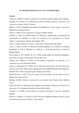 EL TRABAJO GRUPAL EN EL AULA UNIVERSITARIA
Fuentes:
Anzieu, D. y Martin, J. (1992). La dinámica de los grupos pequeños. Buenos Aires: Kapeluz.
Ausubel, D. P.; Novak, J. D. y Hanesian, H. (1999). Psicología educativa: un punto de vista
cognoscitivo. México, Trillas, 2ª edición.
Bleger, J. (1979). Psicoanálisis del encuadre psicoanalítico, en: Crisis, ruptura y superación.
Buenos Aires: Ediciones Cinco..
Bruner, J. (1984). Acción, pensamiento y lenguaje. Madrid: Alianza.
Celman, S. (1988). Es posible mejorar la evaluación y transformarla en herramienta de
conocimiento, en Camilloni, A. y otros: La evaluación de los aprendizajes en el debate
didáctico contemporáneo. Buenos Aires, Paidós, 1998.
Celso, A. (2003). Vigotsky en el aula.....¿quién diría?. Buenos Aires: San Benito.
Coll, C. y Solé, I. (1990). La interacción profesor-estudiante en el proceso de enseñanza
aprendizaje, en Coll, C.; Marchesi, A. y Palacios, J.: Desarrollo psicológico y educación.
Madrid, Alianza.
De la Fuente, E. M. y Galicer, H. N. S. (1982). Grupo amplio de estructura participativa.
Revista de Psicología y Psicoterapia de Grupo, pp. 33-59.
Edward, D. y Mercer, N. (1988). El Conocimiento Compartido. El desarrollo de la
compresión en el aula. Barcelona, Paidós.
Franzi, A. y Bricchetto, O. S. (2004). Breves reflexiones psicosociales sobre la formación del
docente universitario. Buenos Aires, Jornadas de la Universidad del Museo Social Argentino.
Olmsted, M. S. (1978). El pequeño grupo. Buenos Aires: Paidós..
Pichon Rivière, E. (1985). El proceso grupal. Del psicoanálisis a la psicología social (1).
Buenos Aires: Nueva Visión.
Quiroga, A.(1986). Enfoques y perspectivas en psicología social. Buenos Aires: Ediciones
Cinco.
Souto, M.(1985). La observación de los grupos de aprendizaje. Cuadernos de Ciencia de la
Educación, Nº 5, Facultad de Filosofía y Letras (UBA), OPFyL.
Vygotski, L. S. (1988). El desarrollo de los procesos psicológicos superiores. Barcelona:
Grijalbo.
Wood, D. J., Bruner, J. S. y Ross, G. (1976). The role of tutoring in problem solving. Journal
of Child Psychology and Psychiatry, 17, pp. 89-100.
1
 
