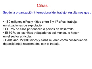 Cifras
Según la organización internacional del trabajo, resultamos que :


• 180 millones niños y niñas entre 5 y 17 años trabaja
en situaciones de explotación.
• El 97% de ellos pertenecen a países en desarrollo.
• El 70 % de los niños trabajadores del mundo, lo hacen
en el sector agrícola.
• Cada año, 22.000 niños y niñas mueren como consecuencia
de accidentes relacionados con el trabajo.
 