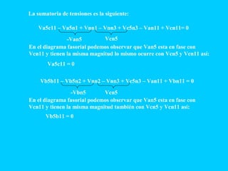 Va5c11 – Va5n1 + Vnn1 – Vnn3 + Vc5n3 – Van11 + Vcn11= 0
-Van5 Vcn5
En el diagrama fasorial podemos observar que Van5 esta en fase con
Vcn11 y tienen la misma magnitud lo mismo ocurre con Vcn5 y Vcn11 así:
Va5c11 = 0
Vb5b11 – Vb5n2 + Vnn2 – Vnn3 + Vc5n3 – Van11 + Vbn11 = 0
En el diagrama fasorial podemos observar que Van5 esta en fase con
Vcn11 y tienen la misma magnitud también con Vcn5 y Vcn11 así:
-Vbn5 Vcn5
Vb5b11 = 0
La sumatoria de tensiones es la siguiente:
 