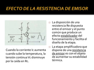  La disposición de una
resistencia Re dispuesta
entre el emisor y el punto
común que produce un
efecto estabilizador del
funcionamiento y facilita el
diseño de la etapa.
 La etapa amplificadora que
dispone de una resistencia
de emisor es con el objeto
de aumentar su estabilidad
térmica.
Cuando la corriente Ic aumenta
cuando sube la temperatura, la
tensión continuaVc disminuye
por la caída en Rc.
 