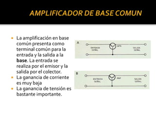  La amplificación en base
común presenta como
terminal común para la
entrada y la salida a la
base. La entrada se
realiza por el emisor y la
salida por el colector.
 La ganancia de corriente
es muy baja
 La ganancia de tensión es
bastante importante.
 